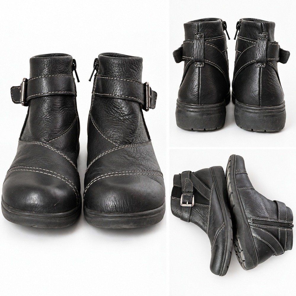 Clarks Womens Black Leather Moto Ankle Boots Side Zip Buckle Size 7
